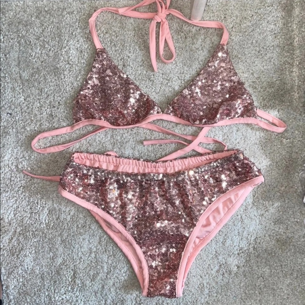 Swimsuit 2 piece bikini set pink sequin